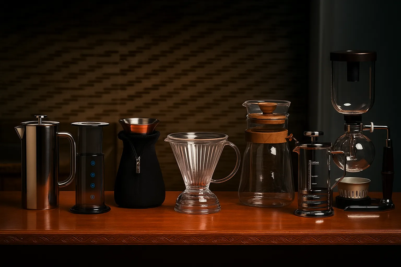 Tazas de café, filtros y postres en mesa