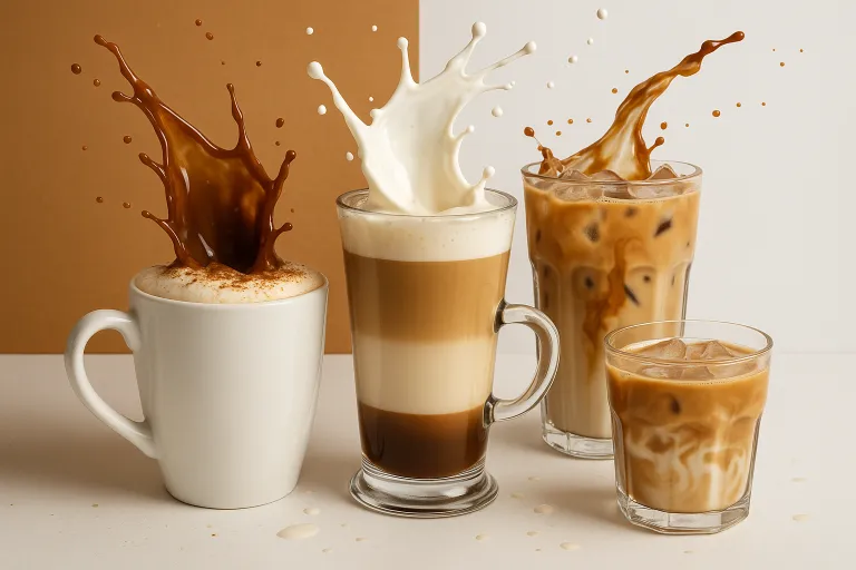 Taza de café con leche sobre mesa cálida