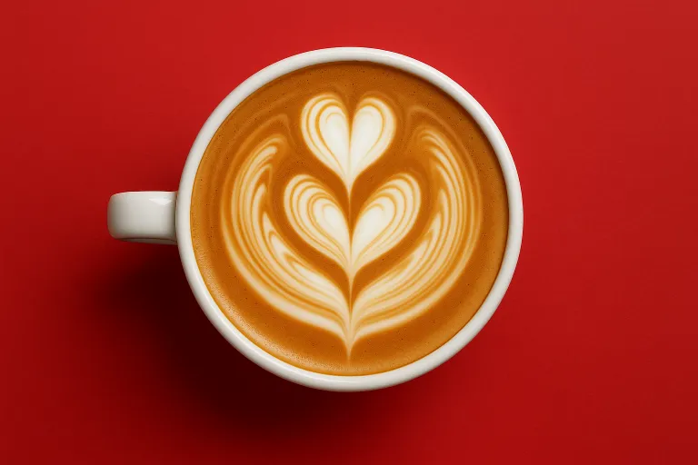 Taza de latte con arte latte y fondo cálido