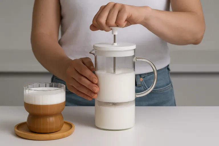 Espumando leche con jarra metálica