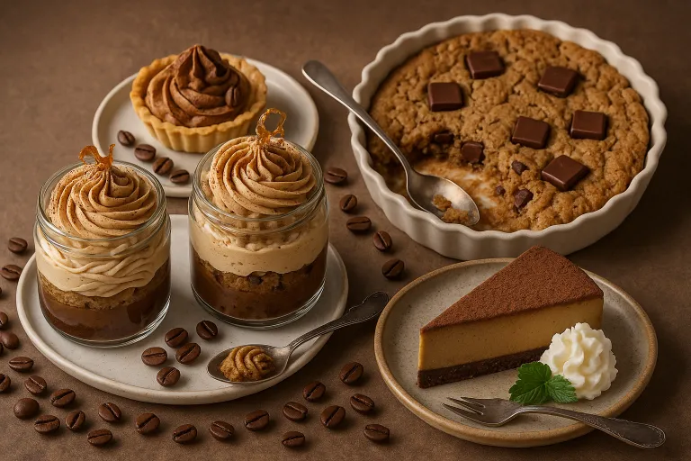 Postres con café servidos en mesa
