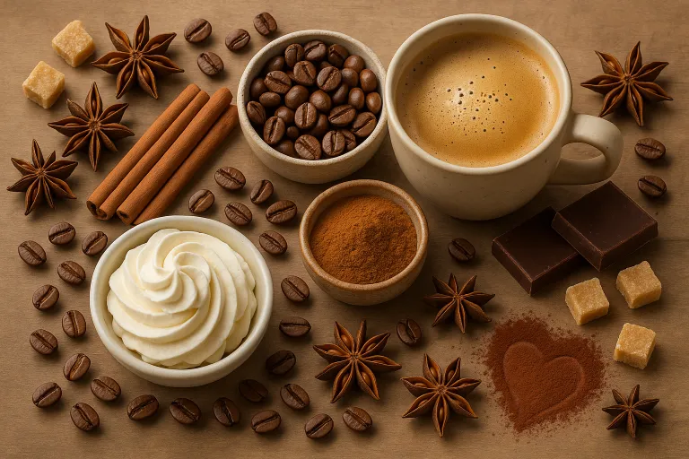 Ingredientes y decoraciones para postres con café